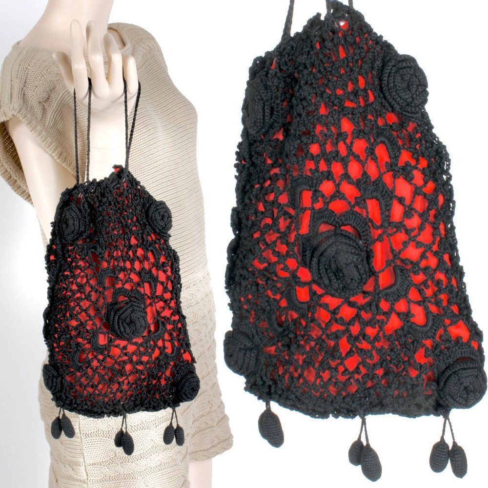 Vintage Black Red Crochet Victorian Evening Bag Reticule Purse Goth Vampire